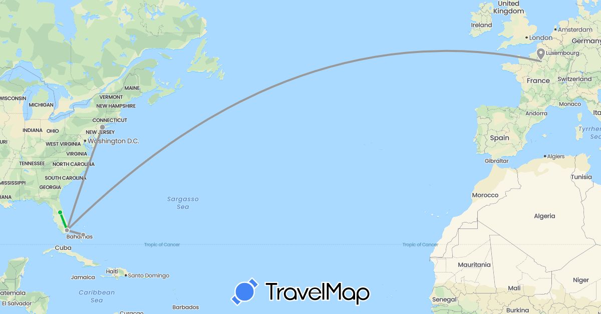 TravelMap itinerary: driving, bus, plane in Bahamas, France, United States (Europe, North America)